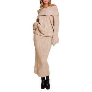 Oat Knitted Off The Shoulder Top & Bodycon Skirt 2 Piece Set NWT